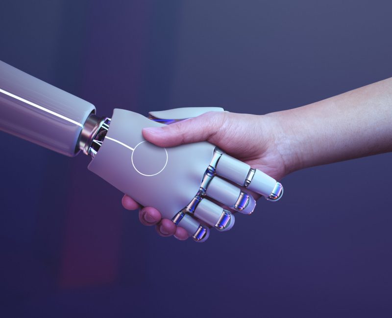 Robot handshake human background, futuristic digital age